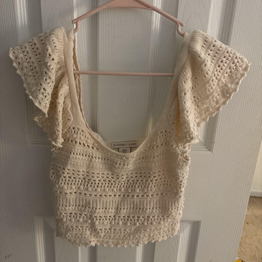 Sincerly Jules Cream Crochet Flutter-Sleeve Crop Top